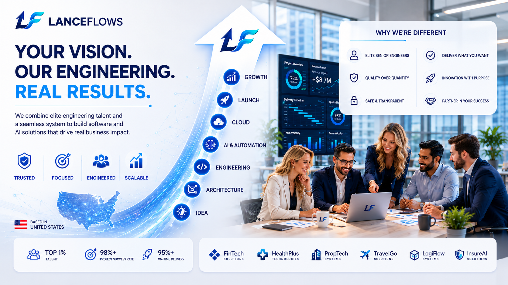 Your vision, our engineering, real results — trusted, focused, engineered, scalable. Senior engineers delivering from idea to growth.