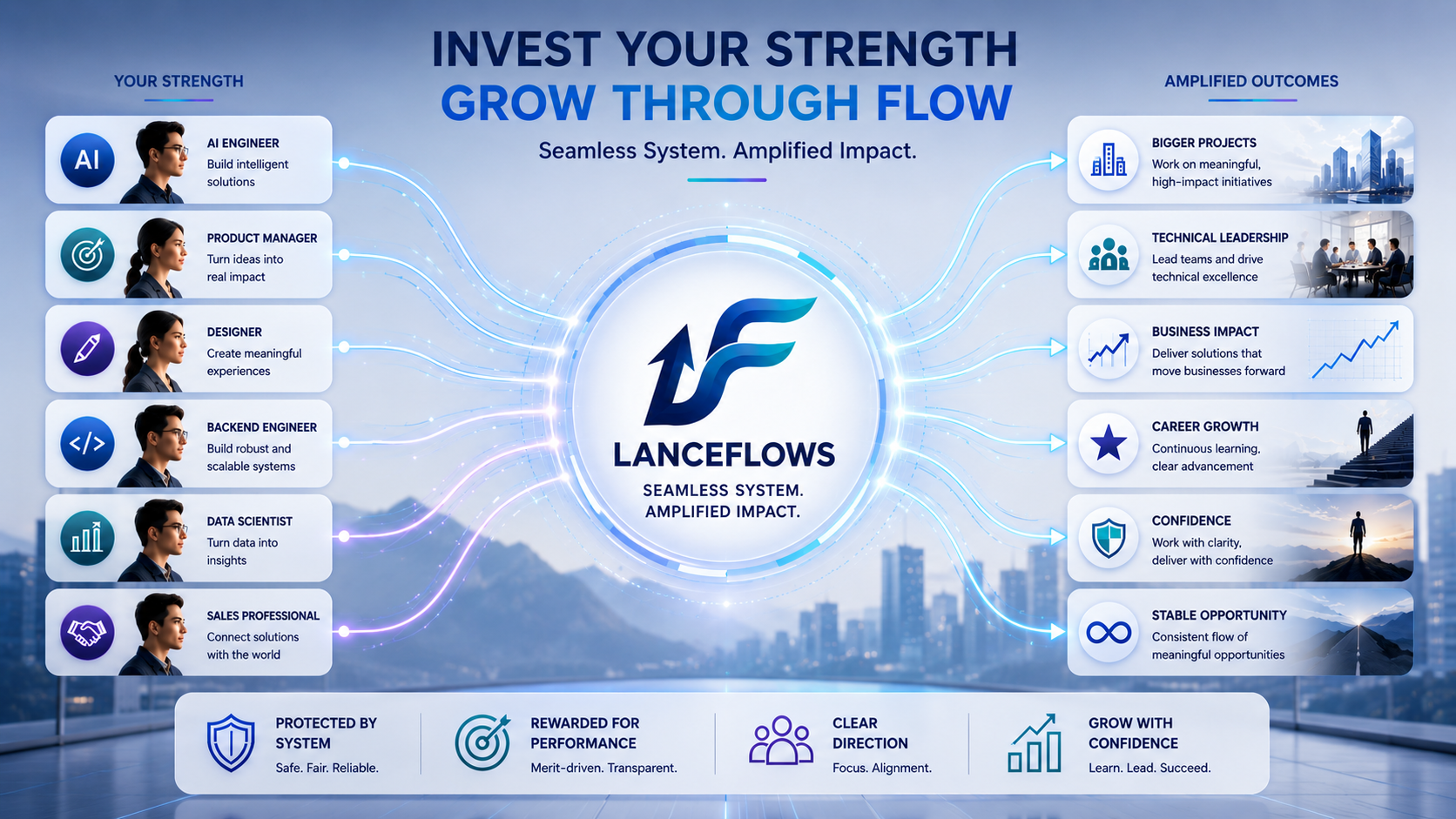 Invest your strength, grow through flow — a seamless system that amplifies impact, from your strengths to bigger projects, leadership, and stable opportunity.